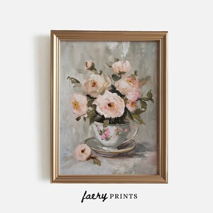 May include: A painting of a bouquet of pale pink roses in a vintage teacup and saucer. The roses are arranged in a loose, natural style, and the teacup is decorated with a delicate floral pattern. The background is a soft, muted green.
