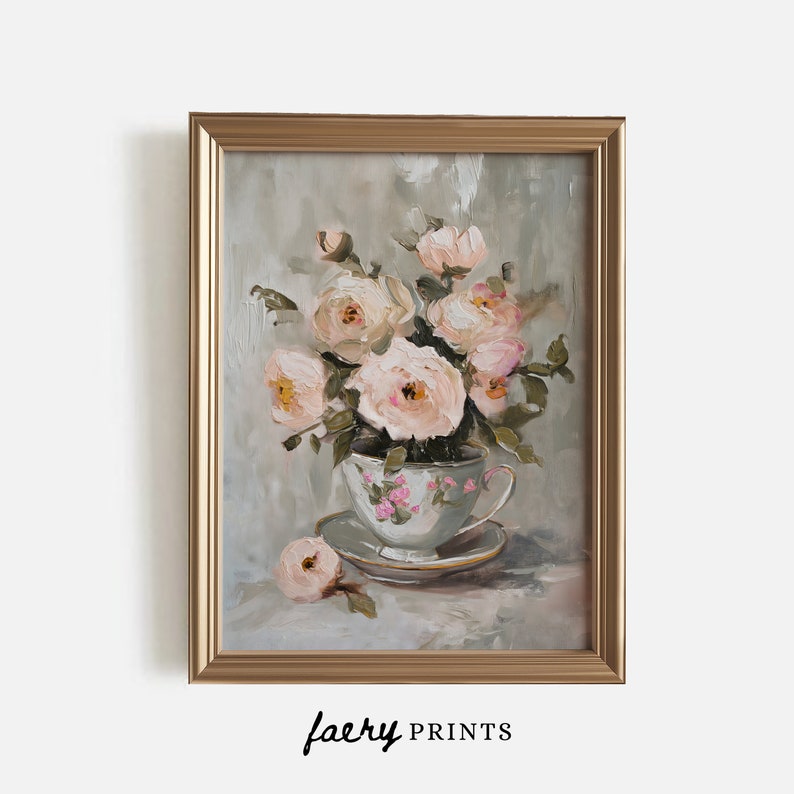 May include: A painting of a bouquet of pale pink roses in a vintage teacup and saucer. The roses are arranged in a loose, natural style, and the teacup is decorated with a delicate floral pattern. The background is a soft, muted green.