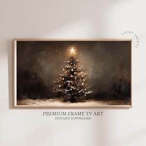 May include: A framed print of a Christmas tree with a star on top, illuminated with warm lights. The artwork has a vintage, painterly style with a dark, moody background. Text at the bottom reads "PREMIUM FRAME TV ART" and "INSTANT DOWNLOAD".