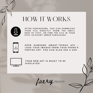 May include: A graphic with instructions on how to use a Samsung SmartThings app to display digital art. The graphic shows a download icon, a smartphone, and a television screen.
