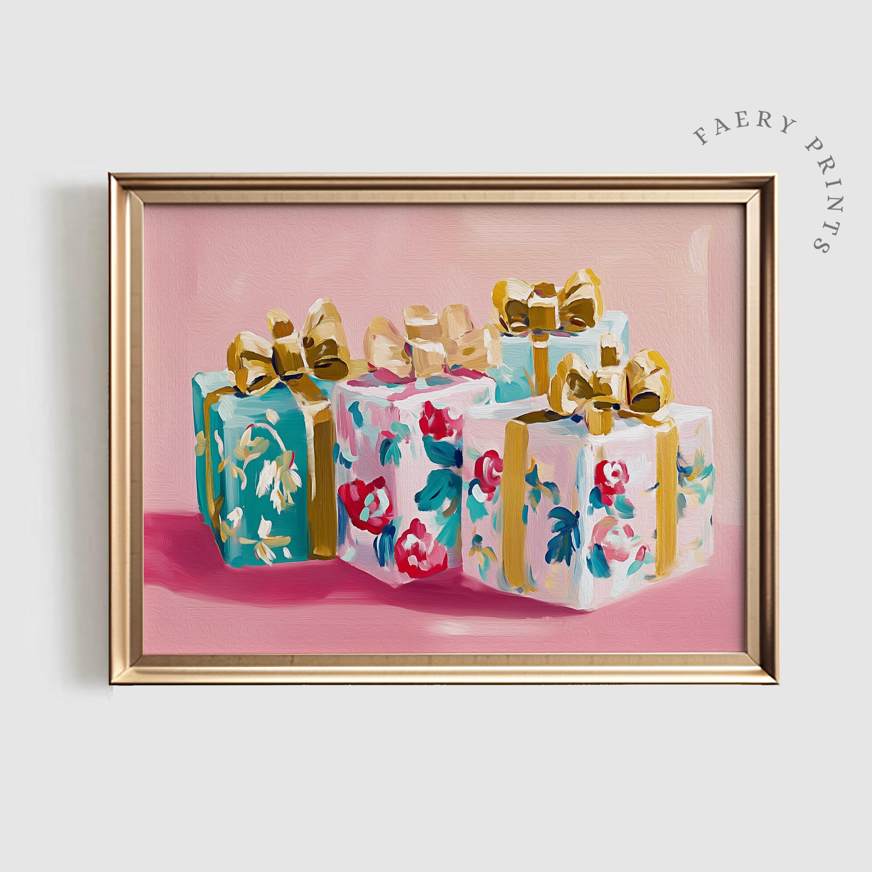 ピンクのクリスマスギフトプリント｜花柄のホリデープレゼント