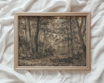 Moody Woodland Antique Print | Dark Brown Landscape Painting (Printable Wall Art)