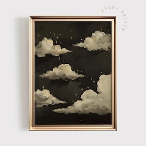 Pode incluir: Uma pintura digital de um céu noturno escuro com nuvens brancas fofas e estrelas douradas. As nuvens são sobrepostas e parecem flutuar no céu. O fundo é de uma cor preta profunda.