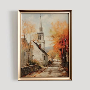 Autumn Town Print | PRINTABLE Wall Art | Vintage Fall Art Print | Old Church Painting | Thanksgiving Home Decor | #644
