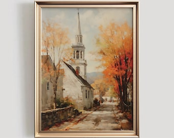 Può includere: Un dipinto che raffigura una chiesa bianca con un alto campanile, circondata da alberi con foglie autunnali vibranti. La chiesa si trova su una strada con un muro di pietra e un sentiero che conduce alla porta d'ingresso.
