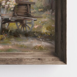 May include: A vintage wooden wagon filled with white and yellow wildflowers, parked in a field of green grass and wildflowers. The wagon is painted brown and has a wooden wheel. The background is a blurred image of a forest.