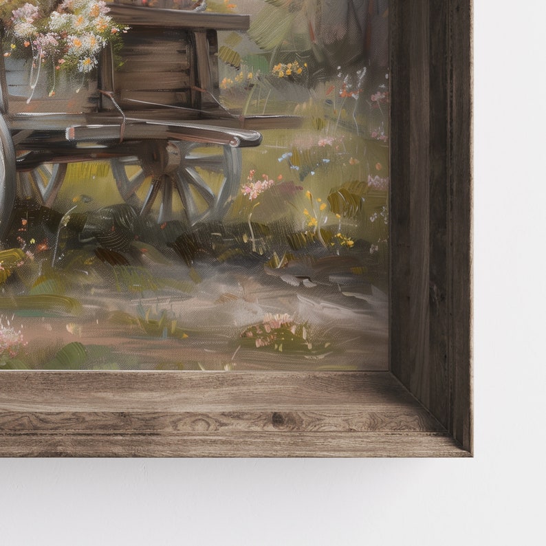 May include: A vintage wooden wagon filled with white and yellow wildflowers, parked in a field of green grass and wildflowers. The wagon is painted brown and has a wooden wheel. The background is a blurred image of a forest.