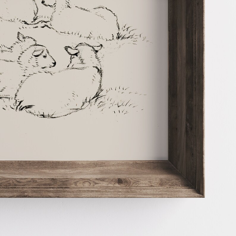 May include: A black and white sketch of a group of sheep resting in a field of grass. The sheep are drawn in a simple, stylised manner, with their bodies and legs outlined in black. The grass is represented by a series of short, black lines.