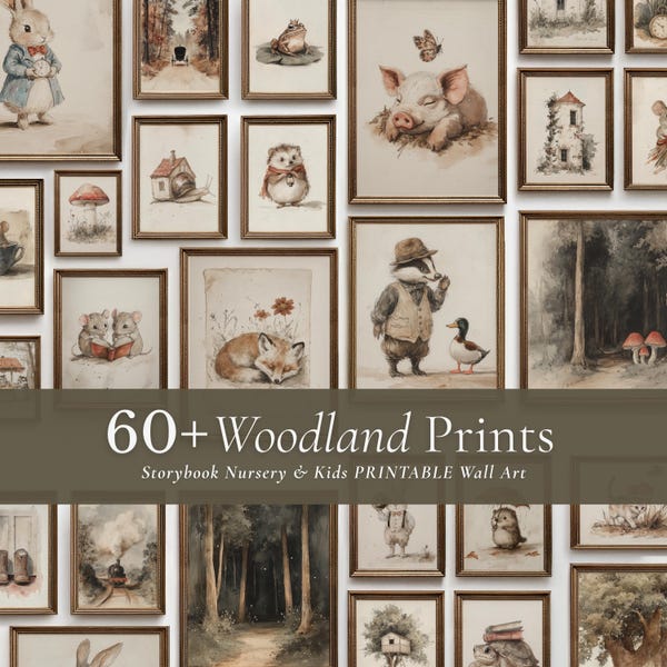 Woodland Animal Art Print Set: Vintage Storybook Nursery, Kids Bedroom Decor (Digital Download)