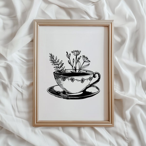 Floral Teacup Print | Line Art PRINTABLE Wall Art | Black and White Teacup Illustration | Vintage Minimalist Kitchen Decor | #875