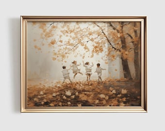 May include: A painting of four children playing in a forest. The children are wearing white clothing and are jumping up and down in a pile of autumn leaves. The leaves are brown and orange and are falling from the trees. The background is a blurry forest scene with trees and a path.