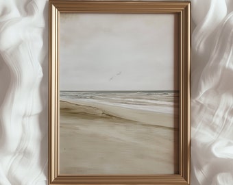 Vintage Coastal Landscape Art Print | Calm Ocean, Muted Beige (Printable Art)