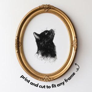 May include: A black and white line drawing of a cat looking up, printed on white paper and framed in a gold oval frame. The text "print and cut to fit any frame" is below the frame.