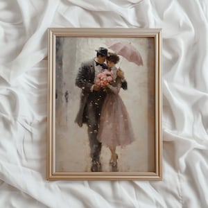 ロマンチックな雨のプリント | バレンタインデーの印刷可能なウォールアート | ヴィンテージロマンスデコレーション | ピンクの傘の絵 | アンティーク 1950 年代の愛の絵 | #750