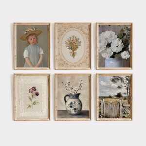 May include: Set of six framed vintage-style art prints. The prints feature a child in a hat, floral bouquets, a vase of white flowers, a single flower, a blue and white floral vase, and a landscape with a gate. The frames are light brown.