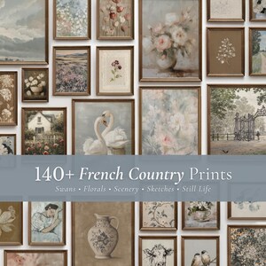 May include: A collection of framed art prints in various sizes and styles, including floral still lifes, landscapes, and sketches. The prints are displayed on a white wall, with the text "140+ French Country Prints" at the bottom.