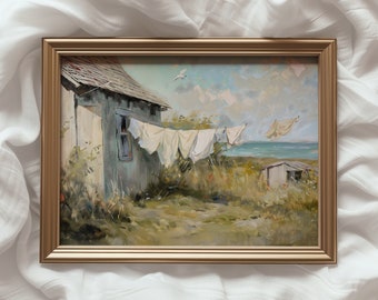 Peinture sur corde à linge bord de mer | Impression d'art vintage Cottagecore (téléchargement numérique)