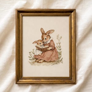 Rabbit Reading Nursery Print | Vintage Style Nursery PRINTABLE Wall Art | Mom & Baby Book Print | Antique Nursery Decor | Girls Nursery Art