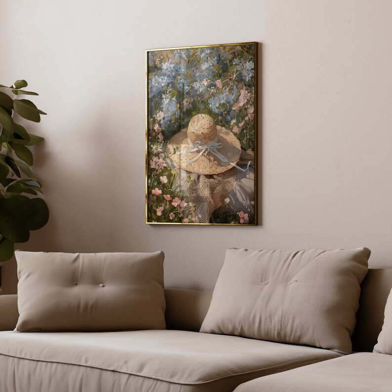 Art mural imprimable Spring Wilflower Meadow Chapeau de paille clair Academia Paysage fleuri Décoration printanière Coquette esthétique 830 image 9