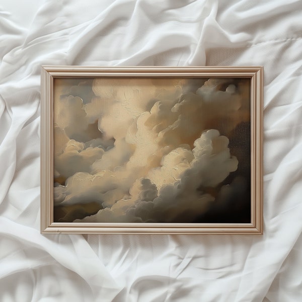 Moody Cloud studie afdrukken | Vintage afdrukbare muurkunst | Dromerige schilderachtige wolkstudieprint | Gouden etherische hemel kunst aan de muur | #777
