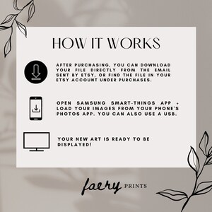 May include: A graphic with instructions on how to use a Samsung SmartThings app to display digital art. The graphic shows a download icon, a smartphone, and a television screen.