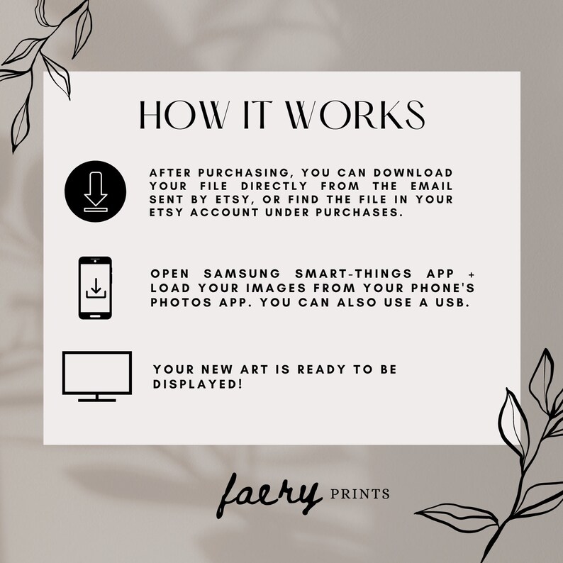 May include: A graphic with instructions on how to use a Samsung SmartThings app to display digital art. The graphic shows a download icon, a smartphone, and a television screen.