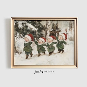 Impresión de elfo navideño / Arte de pared festivo para imprimir / Linda escena de elfo nevado / Decoración navideña vintage caprichosa / Descarga digital / N.° 1089