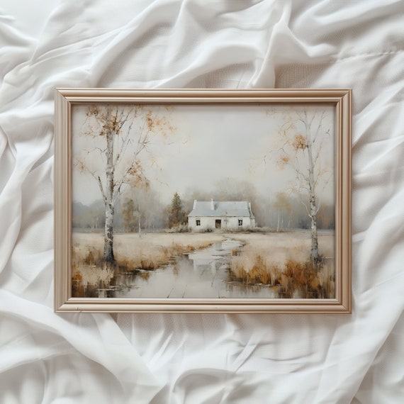 Fall Farmhouse Art Print | Neutral Autumn Landscape (Digital Download)