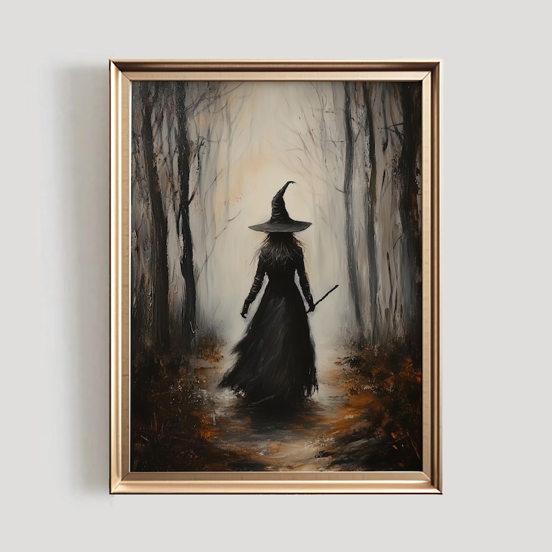 May include: A painting of a witch in a black dress and pointed hat walking through a dark forest. The witch is holding a staff in her right hand. The forest is filled with tall trees and fog.