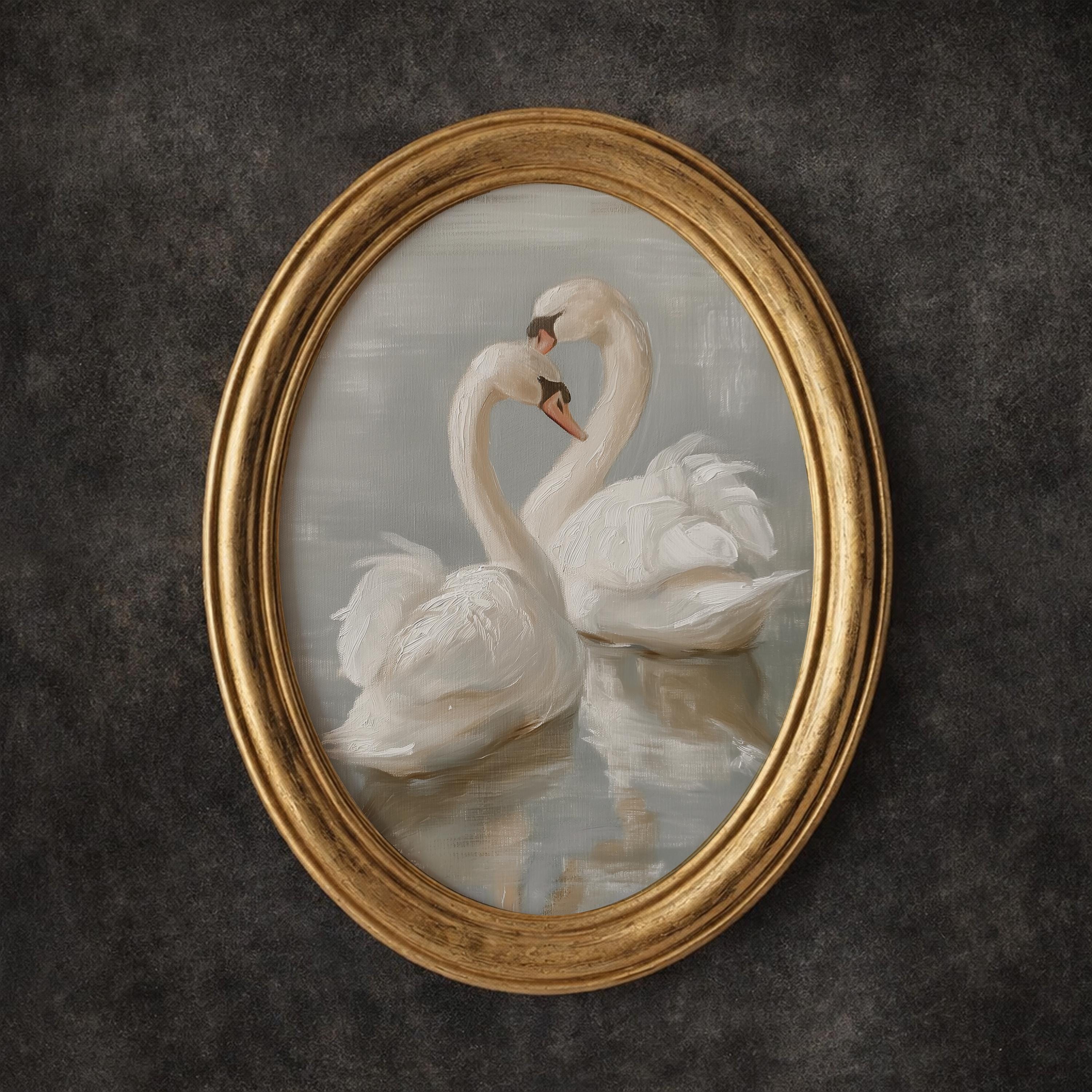 Stampa Su Tela Con Cornice – Cigno Vintage, Dipinto Classico, Decorazione Parete 50x40 Cm, Cornice Dorata - 3