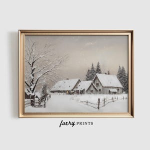 Puede incluir: Una pintura de una escena de invierno nevada con una pequeña granja blanca y árboles en el fondo. El cielo es de un azul claro con algunas nubes. La nieve cae suavemente.