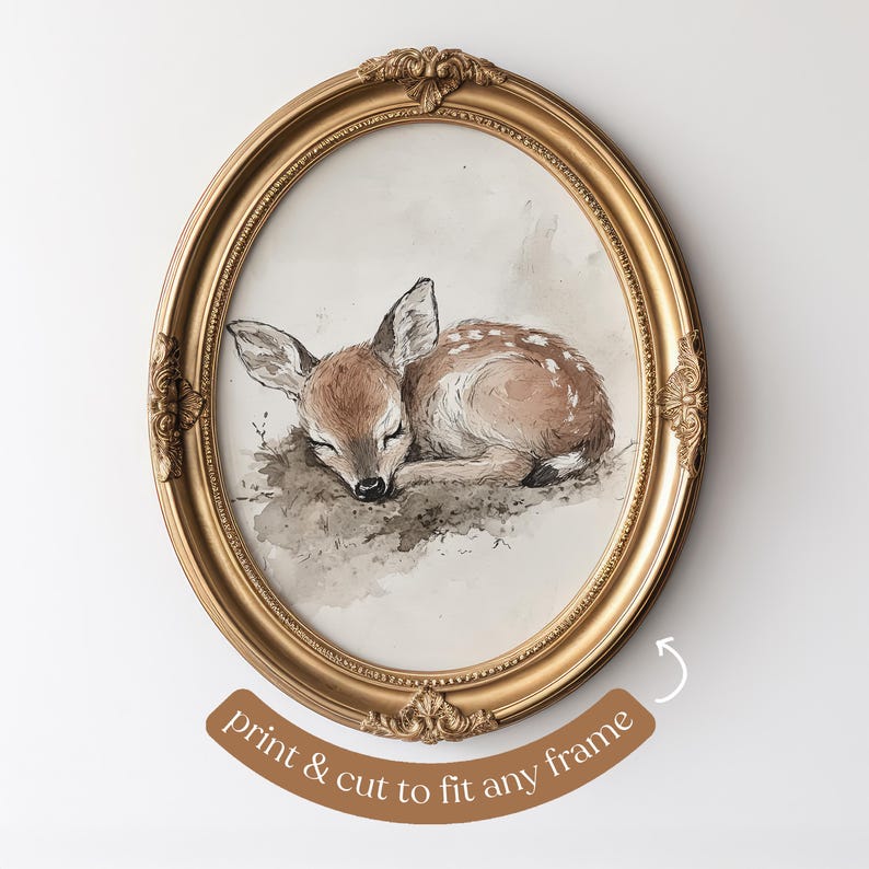 May include: A watercolour painting of a fawn sleeping in a woodland setting. The fawn is brown with white spots and is lying on its side with its head resting on its paws. The painting is framed in a gold oval frame.