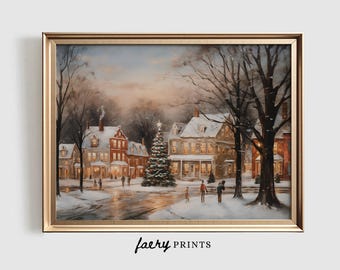 Vintage kerstdorp kunstafdruk | Besneeuwd vakantiedorp (afdrukbaar)