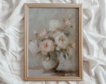 Pink and White Peony Painting | Vintage Floral PRINTABLE Wall Art | Elegant Impressionist Print | Pastel Antique Artwork | #792