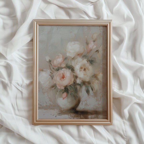 Pink and White Peony Painting | Vintage Floral PRINTABLE Wall Art | Elegant Impressionist Print | Pastel Antique Artwork | #792