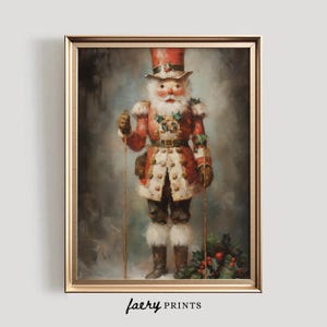 May include: A vintage-style painting of a whimsical, red-clad nutcracker holding a pair of wooden sticks. The nutcracker has a white beard and a red hat with a green feather. The background is a soft, blurred, gray and blue.