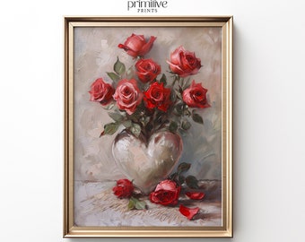 Red Roses Heart Vase Art Print | Romantic Valentine Decor (Printable)