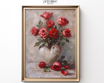 Red Roses Art Print | Valentines Day PRINTABLE Wall Art | Vintage Romantic Decor | Heart Shaped Vase Painting | Valentines Painting | #752