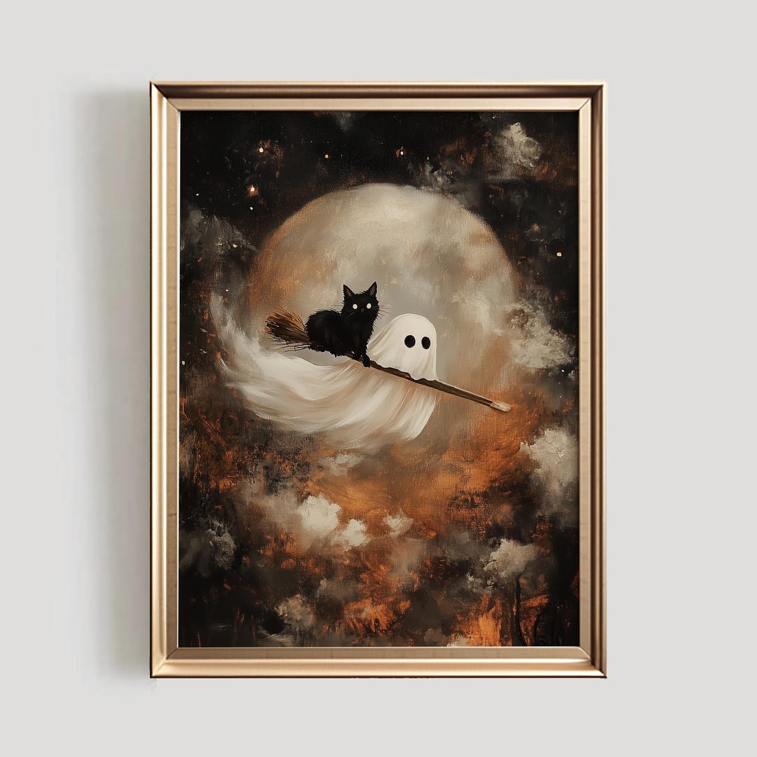 Ghost and Black Cat Halloween Art Print | Spooky Broomstick Decor ...