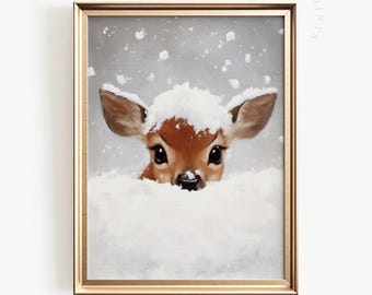 Winter Fawn Print | Snowy Deer Nursery Art (Digital Download)