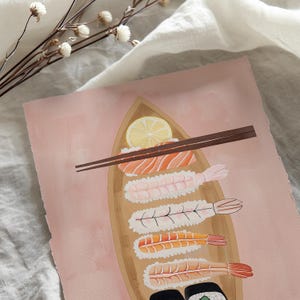 May include: A painting of a wooden sushi boat with a variety of sushi pieces, including shrimp, salmon, and rice. A lemon wedge and chopsticks are also included in the painting.