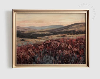 Dark Maroon Landscape Print | Vintage PRINTABLE Wall Art | Moody Wildflower Painting | Moody Red Autumn Landscape | Fall Home Decor | #867