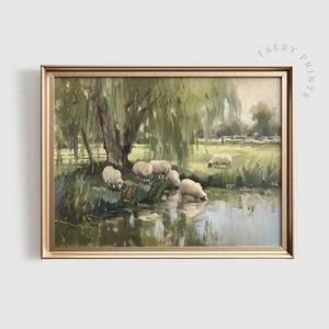 Countryside Scenery Print | Vintage PRINTABLE Wall Art | Tranquil Grazing Sheep Painting | Green Pastoral Landscape Art Print | #767