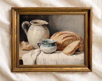 Vintage Bread Still Life Print:Rustic Farmhouse Kitchen Decor | Sourdough Wall Art (Digital Download)