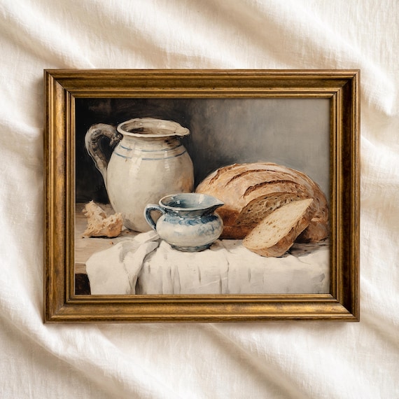 Vintage Bread Still Life Print:Rustic Farmhouse Kitchen Decor | Sourdough Wall Art (Digital Download)