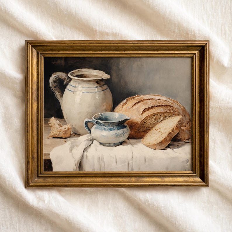 impression vintage de nature morte de pain : décoration de cuisine de ferme rustique | Décoration murale au levain (téléchargement numérique) image 1