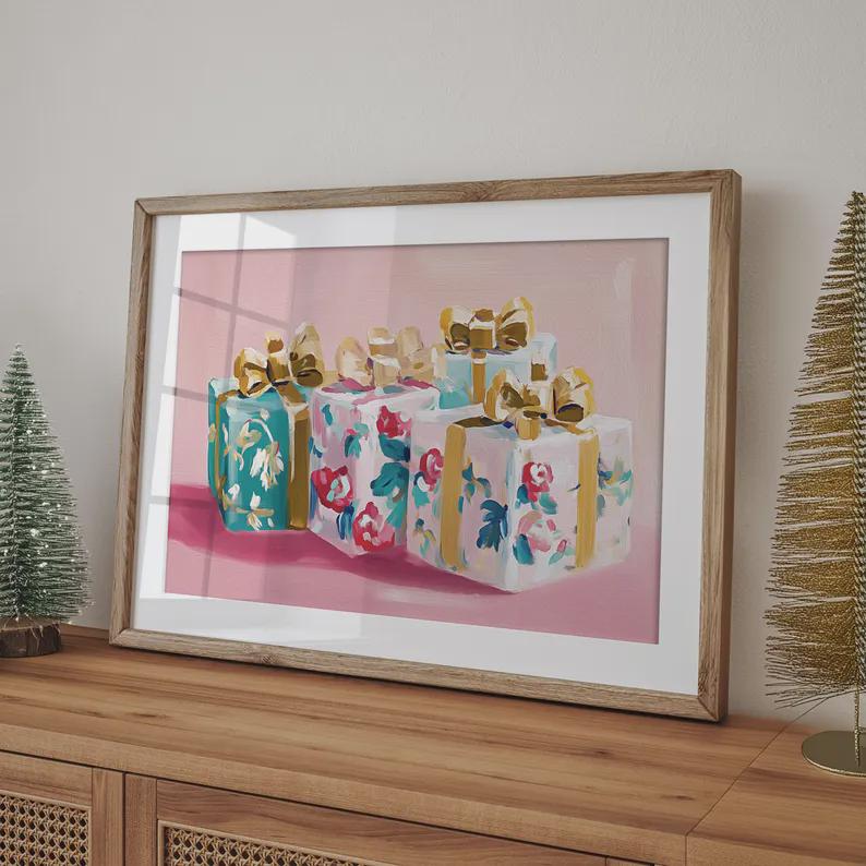 ピンクのクリスマスウォールアートセット｜ホリデーキッチュプリント