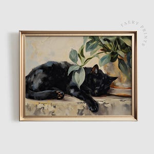 眠っている猫のプリント | ファームハウスの印刷可能な壁アート | 素朴な美的装飾 | 黒猫の絵画 | ニュートラルな植物アート | ペットの猫アート | #760