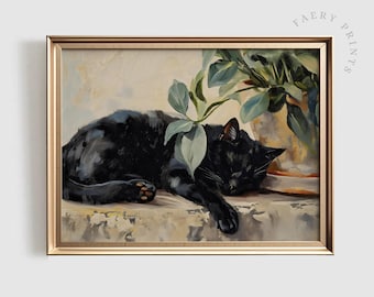 Sleeping Cat Print | Farmhouse PRINTABLE Wall Art | Rustic Aesthetic Decor | Black Cat Painting | Neutral Plant Art | Pet Cat Art | #760
