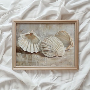 Seashell Beach Print | Vintage PRINTABLE Art | Neutral Soft Tone Shell Painting | Farmhouse Style Bathroom Wall Art | #891